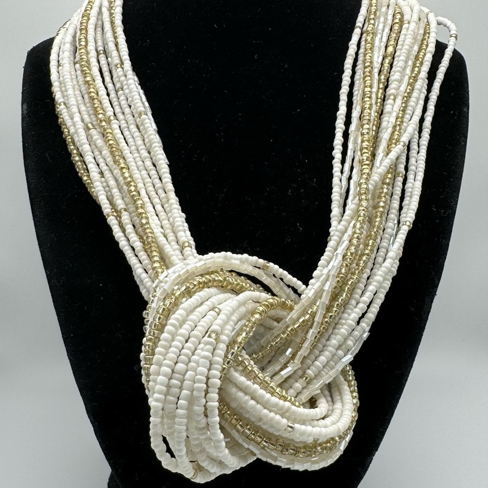 Bocar Multi Layer White Gold Seed Bead Torsade Knot Statement Necklace 20-22”